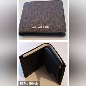 NWT Michael Kors Cooper Logo Wallet Billfold Brown/Black with Coin Pouch